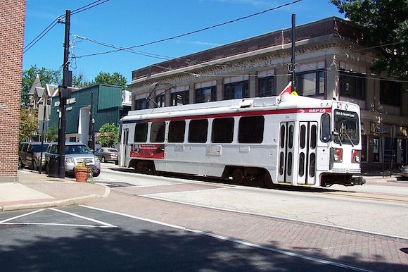 The trolley runs through Media near Veterans Square