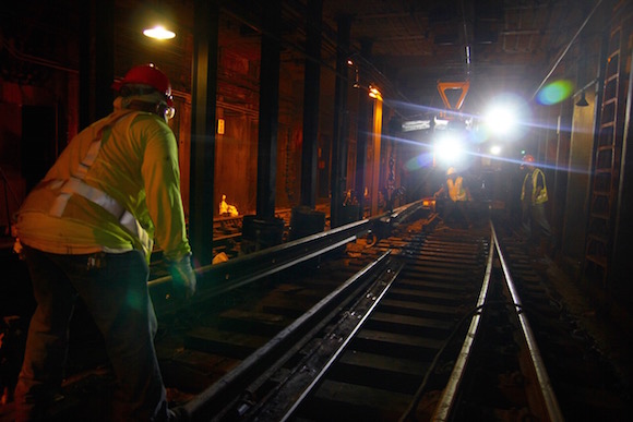 SEPTA crews laying the rails inside the tunnel