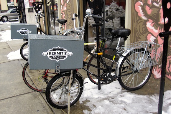 Pizza-themed bike racks outside Kermit's Bake Shoppe